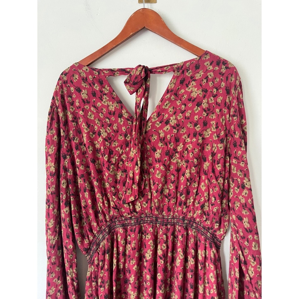 Garnet Hill Womens Burgundy Floral Smocked Waist Boho Midi Dress Size 16 NWT - Picture 9 of 12